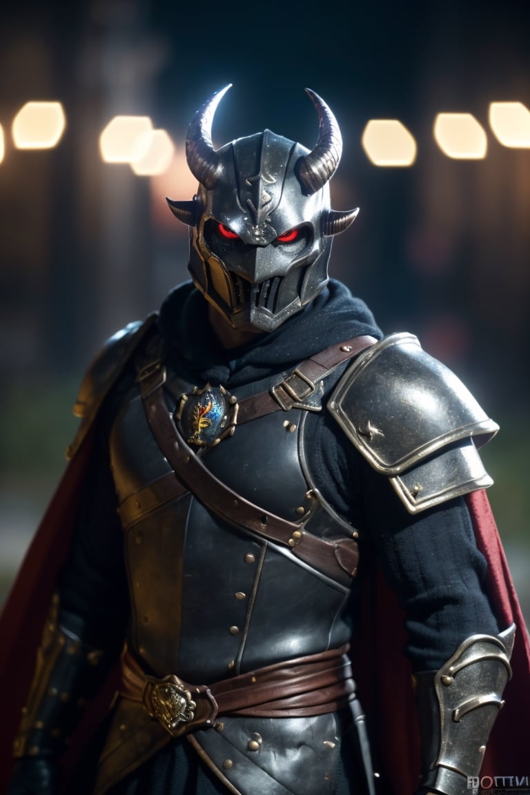 realistic, photo, film grain, black dragonborn, solo, red eyes, male, upper body, male focus, horns, cape, armor, glowing, glowing eyes, volumetrics dtx, (film grain, blurry background, blurry foreground, bokeh, depth of field, motion blur, realistic:1.3), ((masterpiece, best quality))