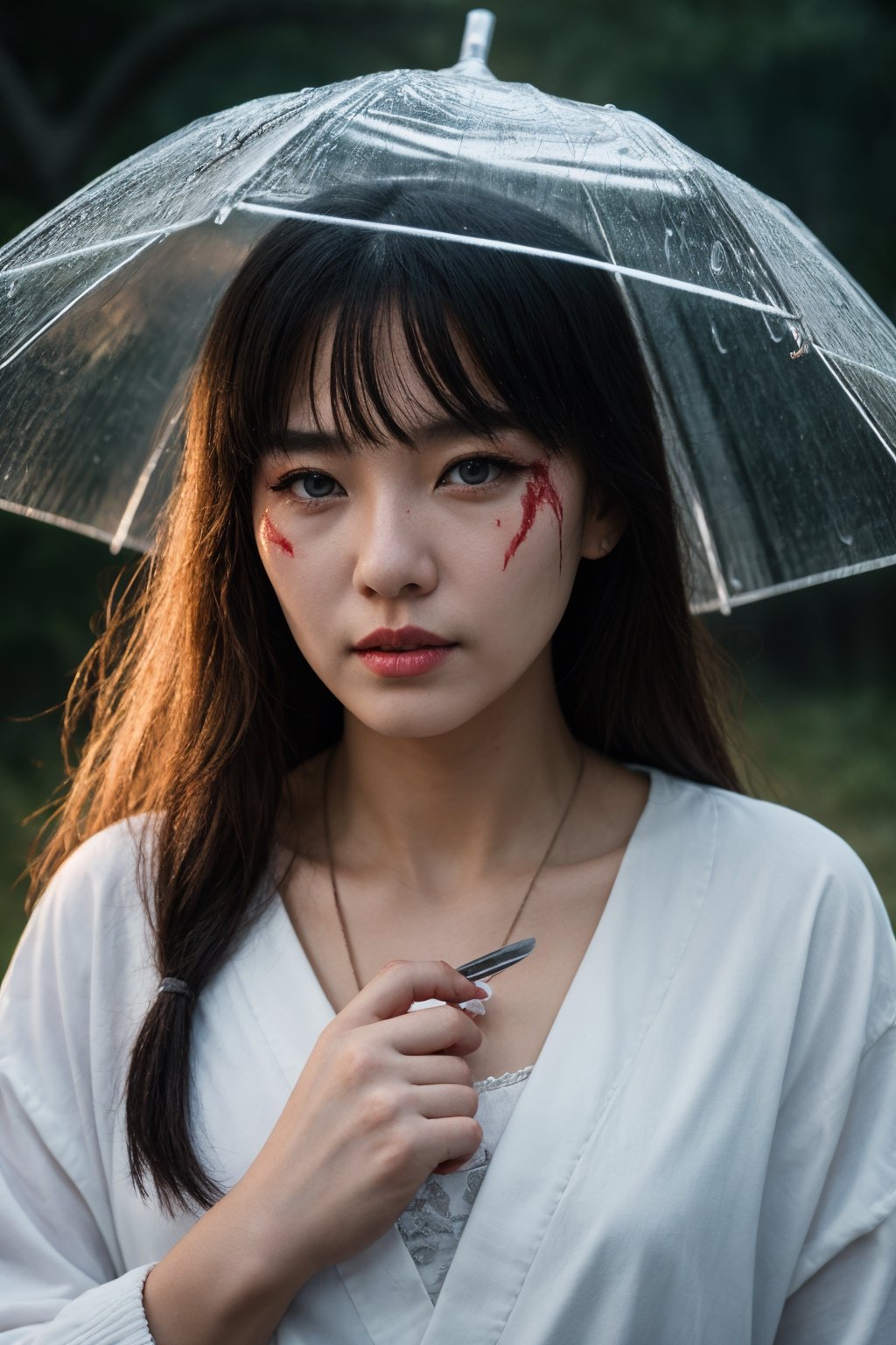 Masterpiece, best quality, night, outdoors, rainy days, branches, Chinese style, ancient China, 1 woman, mature woman, silver white long haired woman, gray blue eyes, light pink lips, cold, serious, weak, bangs, assassins, short knives, white clothes, black clothing patterns, blood stains, blood, injuries, blood on the face, blood on the clothes, rain, fine face, fine face,