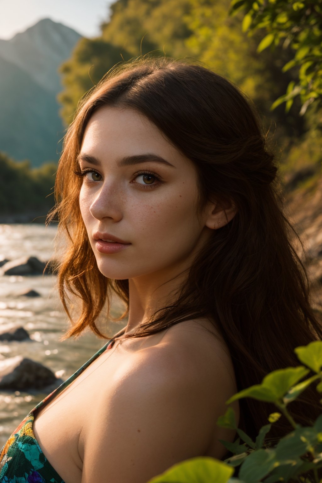 (best quality,8k,highres,masterpiece:1.2),photorealistic,ultra-detailed,vibrant photography of a woman in nature,dramatic lighting,finely detailed beautiful eyes,fine detailed skin,Natural scenery,majestic landscape,colorful flowers,distant mountains,flowing rivers,melting sunset,serene atmosphere,dazzling sunlight,blissful vibes,freckled face,luscious greenery,soft breeze,ethereal beauty