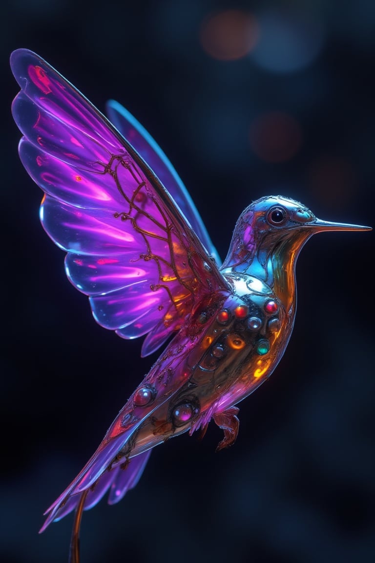 A meticulously crafted mechanical bird, resembling a hummingbird, exhibits a striking design with gleaming metallic surfaces. Vivid purple-hued, transparent wings spread gracefully, showcasing intricate details. The body, adorned with shiny, chromatic spheres and embedded circuits, glows with a soft purple light. Set against a blurred, dark background, the lighting highlights the bird's polished, reflective texture, creating an aura of futuristic elegance.