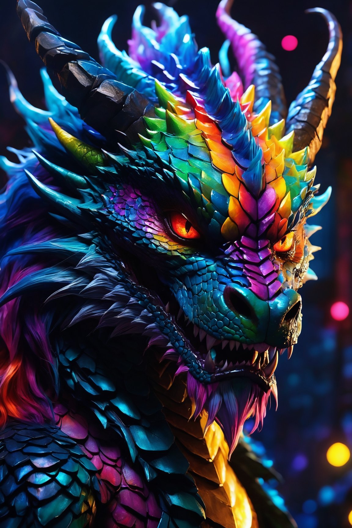 AiArtV, Dragon, (best quality, 8K, highres, masterpiece), ultra-detailed, (photorealistic, cinematic), illustration painting of a luminous and enchanting bad guy undead/human-like creature with vibrant and dynamic anime-style colors. The creature, with dark, colorful hair, strikes a dynamic pose in a brilliantly lit fantasy realm environment filled with a kaleidoscope of colors. The mid-shot composition and rule of thirds depth of field emphasize intricate details, creating a fantastical realm that bursts with subtle and vibrant colors. The use of light particles enhances the scene's grandeur and awe, making it a stunning visual masterpiece in a double-exposure style. The strong outlines contribute to the scene's cinematic feel, creating a super colorful and visually captivating narrative