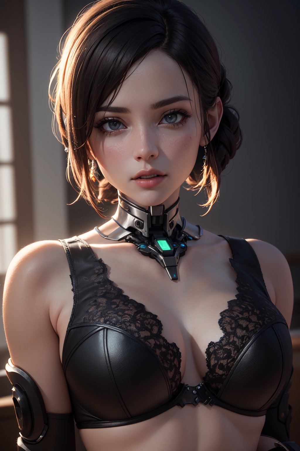 (best quality, 8K, ultra-detailed, masterpiece), (octane render, 3D illustration), Craft an extraordinary masterpiece in 8K detail. Present a stunningly intricate 3D render of a beautiful porcelain profile woman android, seamlessly blending cyborg and robotic elements into her visage. The studio lighting bathes her in soft, luxurious light, with a captivating rim light enhancing her vibrant details. This scene should evoke the essence of a luxurious cyberpunk world, complete with delicate lace details, hyperrealistic anatomical features, visible facial muscles, intertwining cable electric wires, and embedded microchips, all contributing to her elegant and sophisticated appearance. Achieve the pinnacle of realism and artistry, with octane render technology ensuring every facet of this masterpiece is truly breathtaking. An official art-quality, extremely detailed CG unity rendering with a realistic, photo-realistic touch (1.37) is expected to result in an amazing, finely detailed masterpiece.