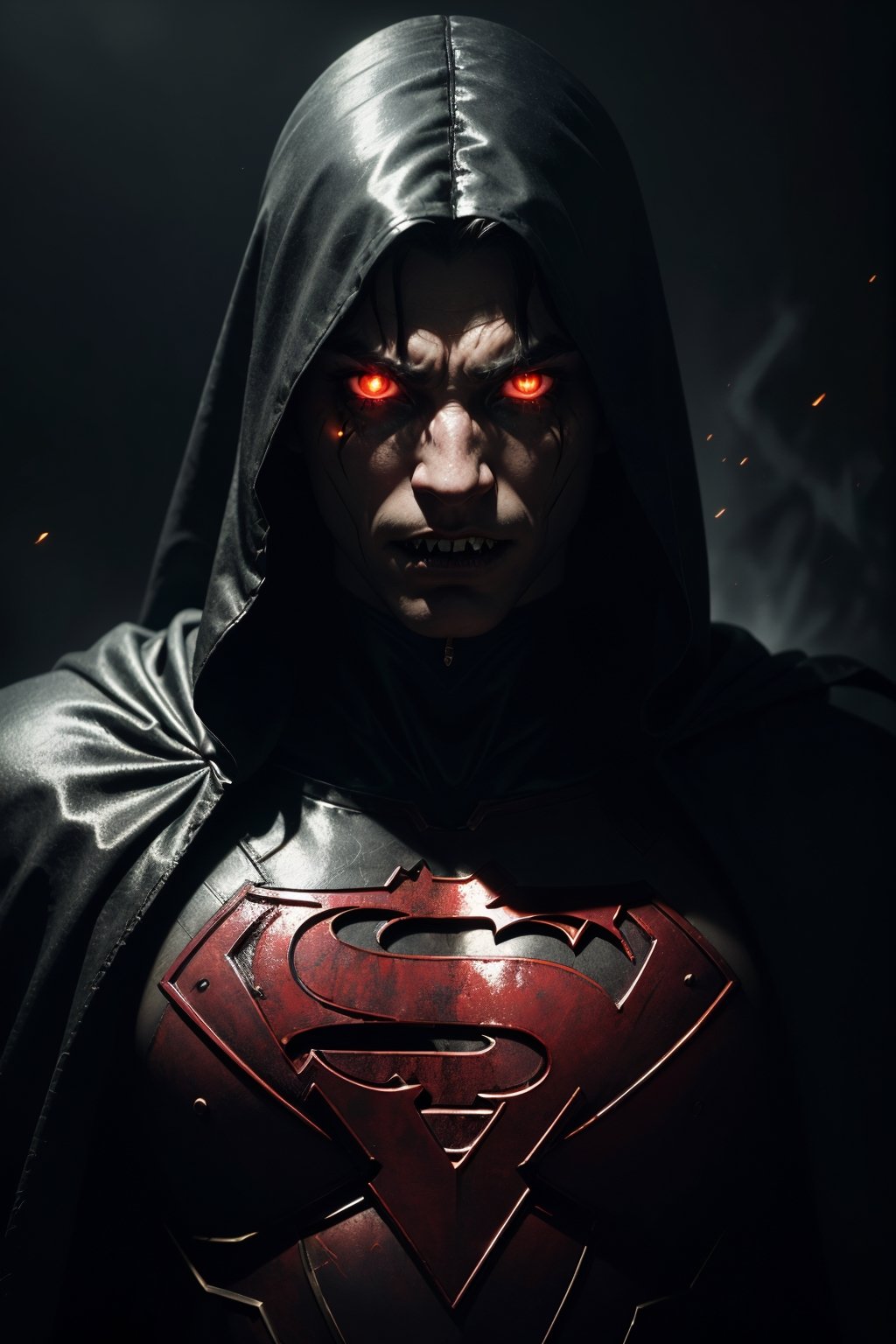 (best quality,4k,8k,highres,masterpiece:1.2),ultra-detailed,(realistic,photorealistic,photo-realistic:1.37),superman as predator,scary,spooky,close-up,portraits,dark ambient lighting,detailed textures,eerie atmosphere,sharp focus,menacing presence,glowing red eyes,ominous expression,ripped muscles,floating menacingly,disappearing cape,gloomy background,high contrast,color grading:dark and desaturated,moody shadows,ominous aura,strong jawline,mystical energy tendrils,foreboding,low-key lighting,dark cape billowing,unearthly power,ethereal glow,haunting presence,menacing smile,hovering in mid-air,cold,calculating,fear-inducing,body armor with spikes,sharp teeth,barely visible in darkness,expressive facial features,demonic appearance