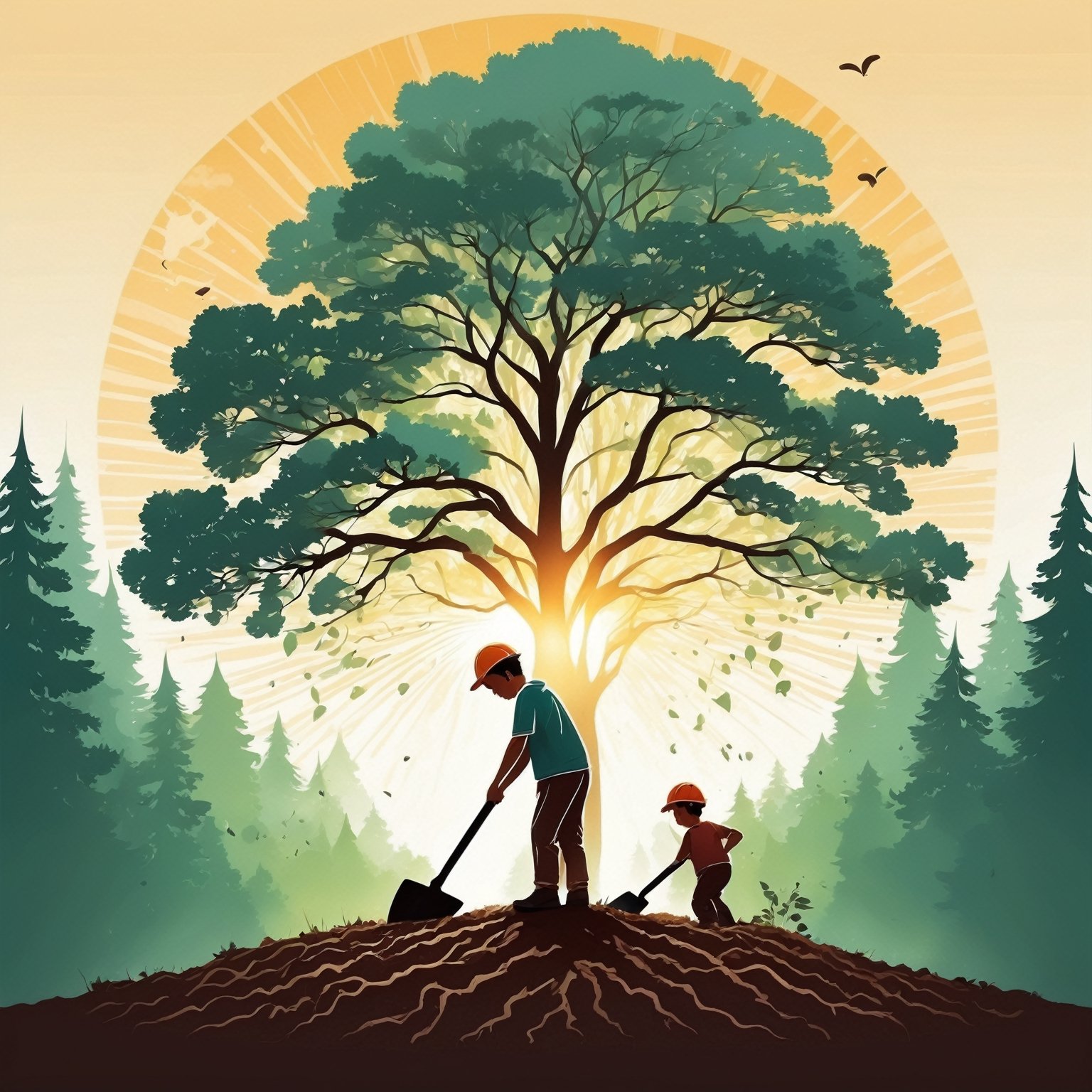 (best quality,8K,highres,masterpiece), ultra-detailed, tree planting, vector illustration, a boy is digging a tree with a shovel in the ground and a sun in the background