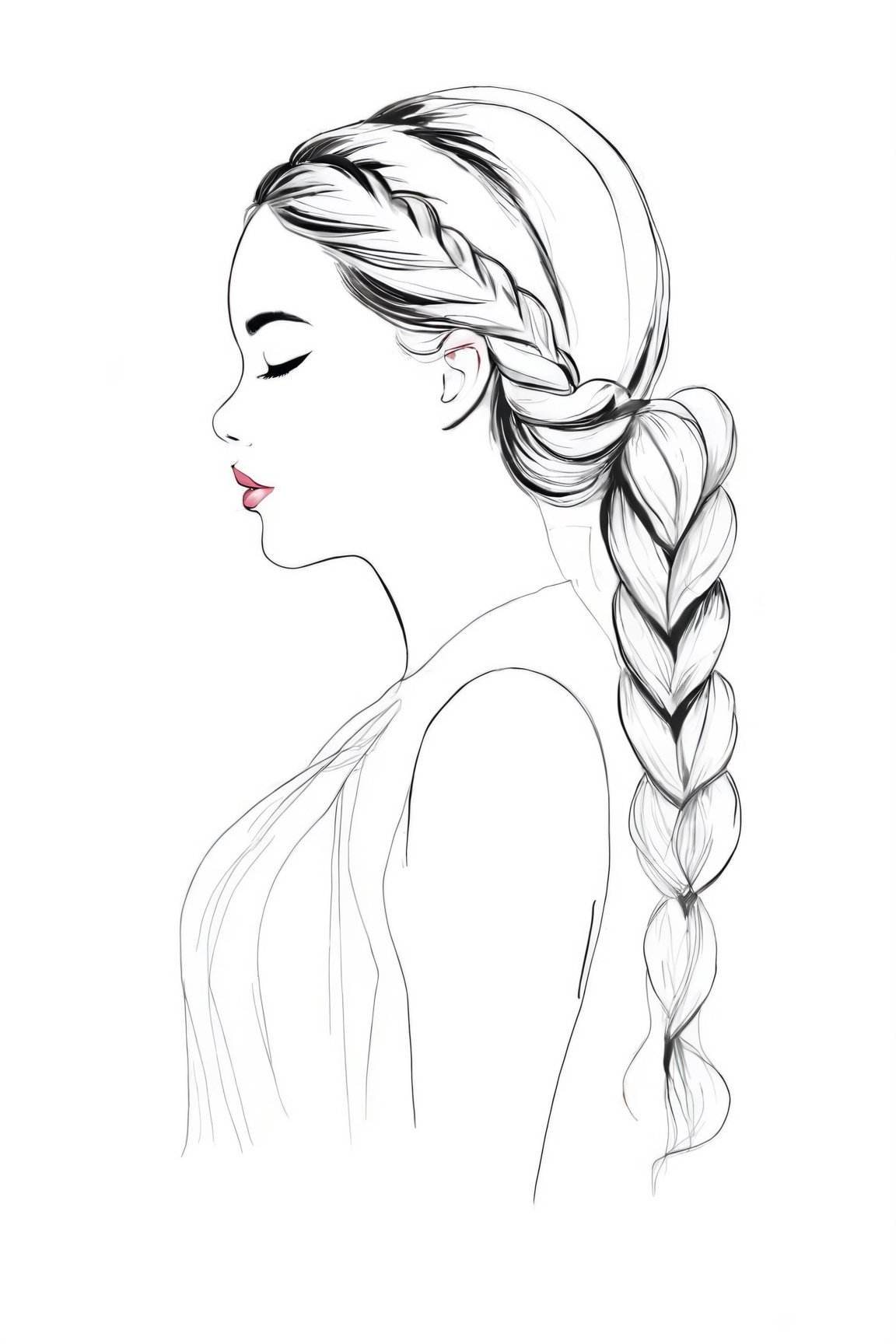 Fashion Illustration, 1girl,solo,long hair,simple background,white background,closed eyes,braid,heart,profile,hair over shoulder,limited palette