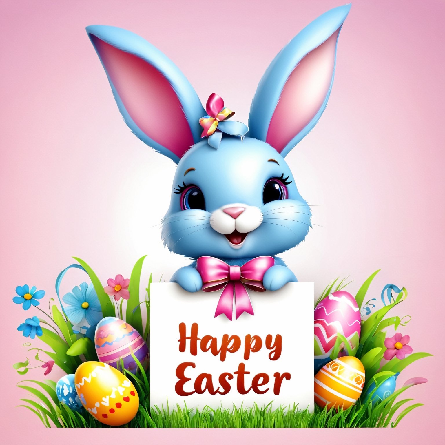 AiArtV,Happy Easter,colorful,easter theme,clipart, a bunny with a bow is holding a sign ,"Happy Easter" sign on it