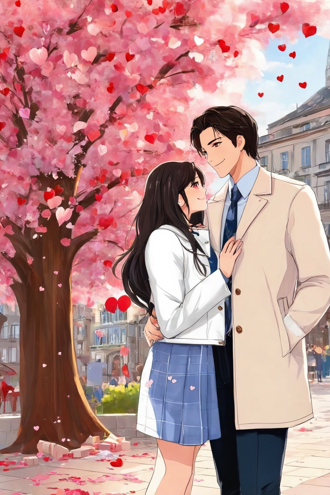 AiArtV,Valentines Day, 1girl,long hair,smile,brown hair,black hair,1boy,dress,holding,brown eyes,jewelry,jacket,flower,hetero,earrings,outdoors,parted lips,day,pants,looking at another,tree,petals,white jacket,couple,building,eye contact,hand in pocket,bouquet,holding bouquet