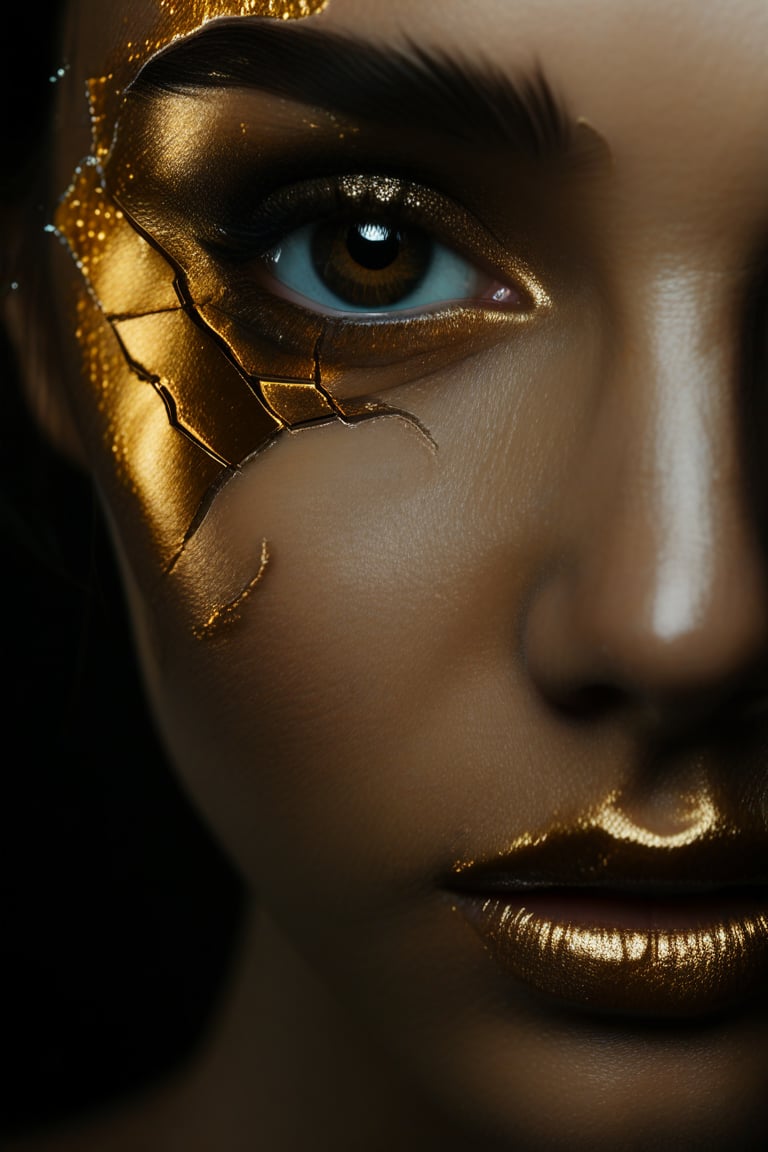 best quality, 4k, 8k, masterpiece, ultra-detailed, photorealistic, a close up of the face of a woman with gold eyes and a crack on her face in front of a black background