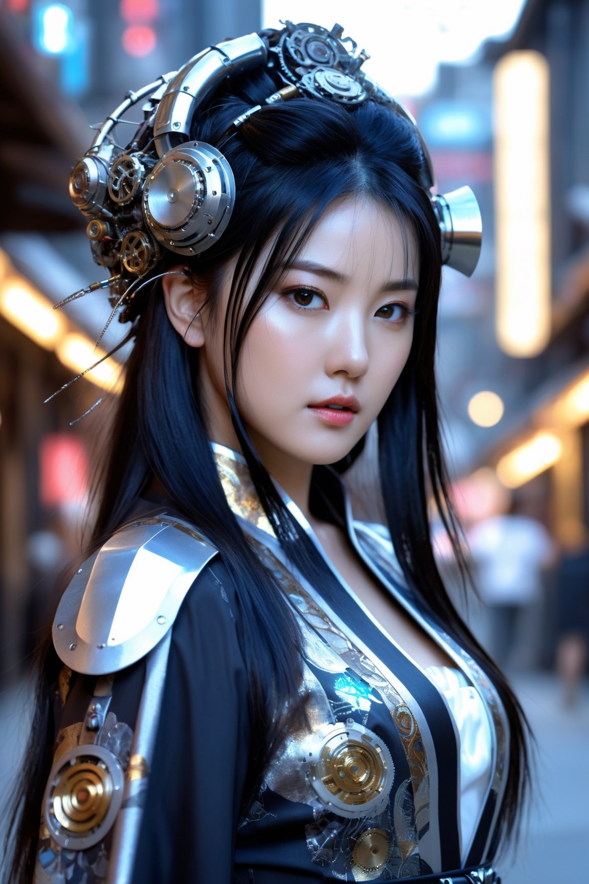 mechanical,korean,girl,(best quality,4k,8k,highres,masterpiece:1.2),ultra-detailed,(realistic,photorealistic,photo-realistic:1.37),metallic texture,gritty background,vibrant colors,ethereal lighting,steampunk style,mechanical gears,cybernetic enhancements,chrome accessories,holographic display,robotic limbs,kimono dress,traditional fan,flowing black hair,jeweled headpiece,futuristic cityscape,sharp focus,sci-fi aesthetic,meticulous detailing