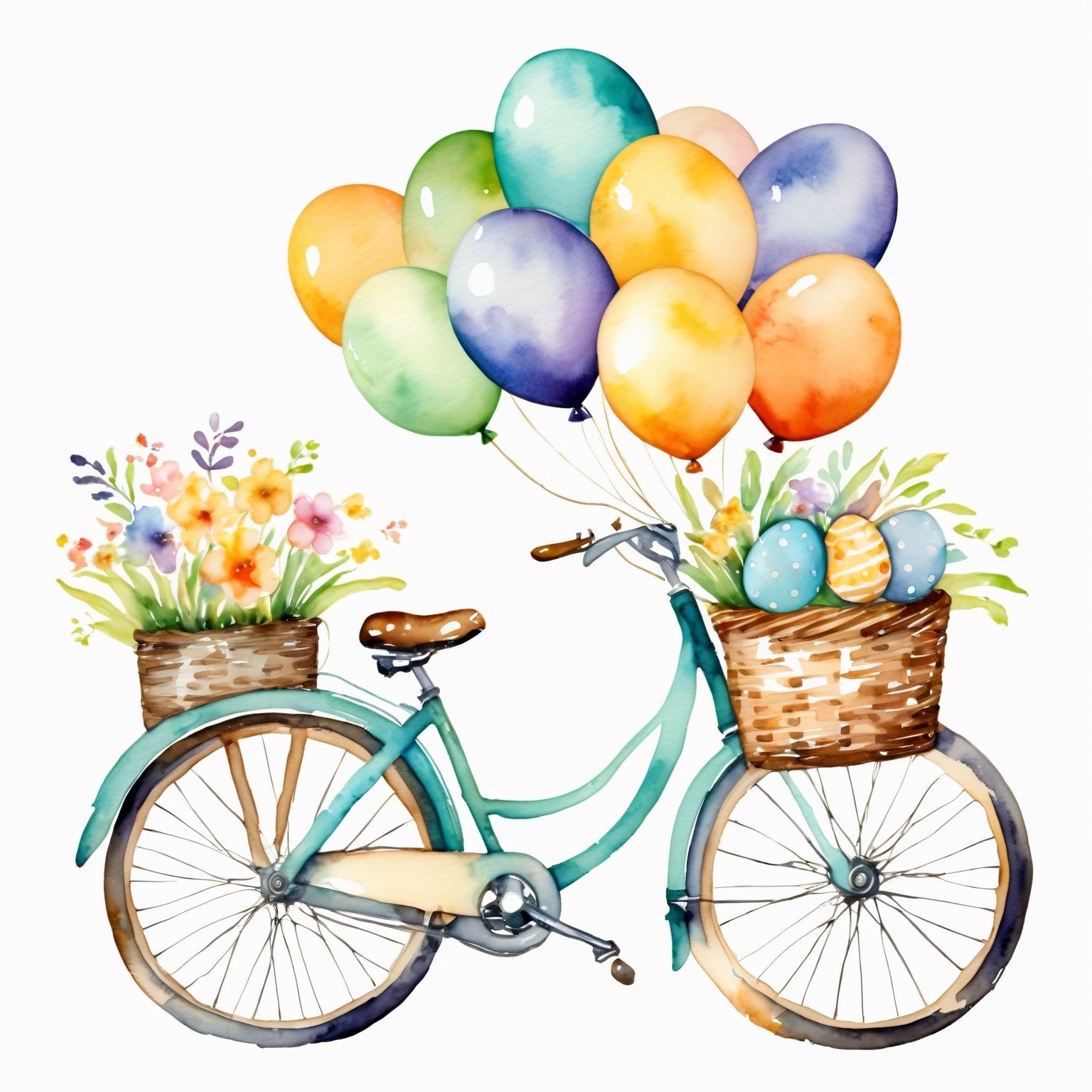 AiArtV,Happy Easter,colorful,easter theme,watercolor,clipart, a bicycle with balloons attached to the back