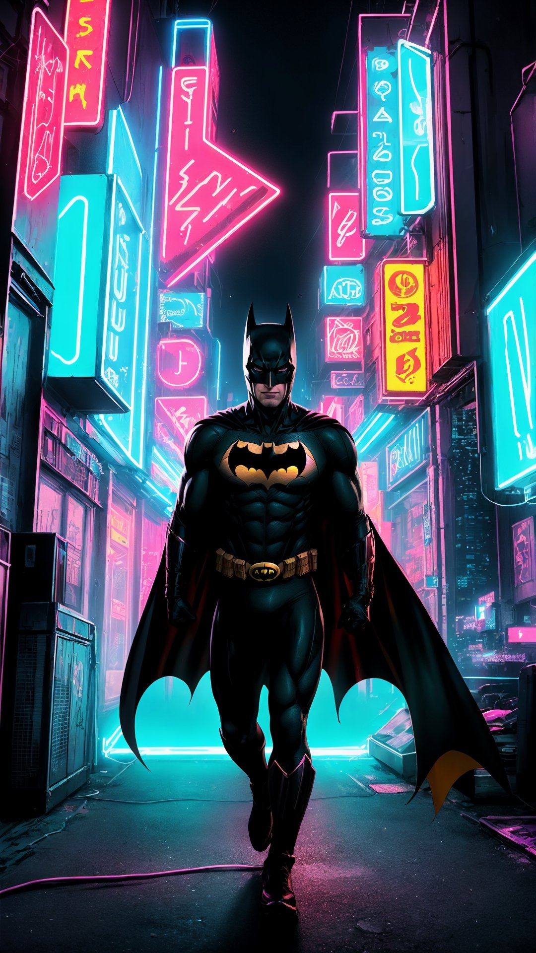 "Generate an image depicting an ultra Sonic-powered version of Batman  in a dynamic and action-packed pose. Show  suit emanating vibrant energy waves, with a futuristic cityscape in the background, highlighting the sheer power and speed of this upgraded superhero.",Lofi,Neon Light