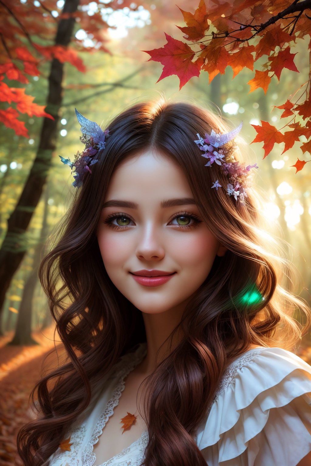 best quality,ultra-detailed,realistic,photorealistic:1.37,portrait,beautiful curvy woman,beautiful detailed eyes,beautiful detailed lips,wavy hair,wearing lovely autumn dress,cute smile,surrounded by a mystical forest,walking towards the camera,magical aura,whimsical,colorful autumn leaves,floating in the air,gentle breeze,rays of sunlight peeping through the trees,soft dappled light,peaceful atmosphere,magical creatures,playing around,sparkling fairy dust,soft glow,x,y,z style painting,blending colors,vibrant hues,dreamlike scenery,Realism