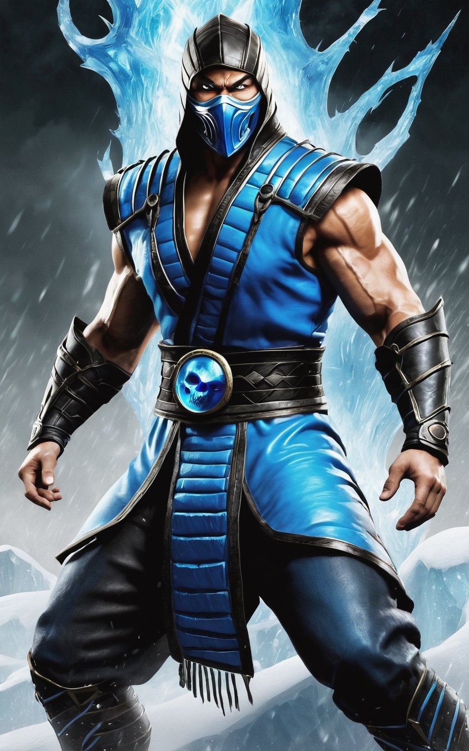 (best quality,8K,highres,masterpiece), ultra-detailed, (Subzero from Mortal Kombat splash art), Subzero from Mortal Kombat in a splash art format. He possesses a lean and slim body, with a skull face that exudes an aura of terror. His cold, dull, lifeless eyes pierce through the viewer, instilling fear and dread. The wide landscape view adds to the epic scale of the scene, showcasing Subzero's formidable presence against the backdrop of a frozen and desolate landscape. The overall composition is chilling and menacing, capturing the essence of Subzero as a very scary character.