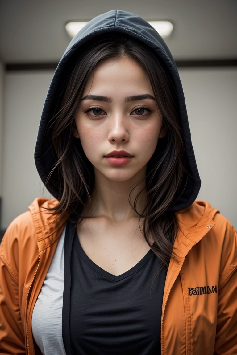 (best quality, 4k, 8k, highres, masterpiece:1.2), ultra-detailed, (realistic, photorealistic, photo-realistic:1.37), 1girl,solo,long hair,looking at viewer,shirt,brown eyes,closed mouth,jacket,upper body,open clothes,hood,orange hair,open jacket,lips,black jacket,black shirt,eyelashes,hoodie,hooded jacket,hood up,freckles,realistic,open hoodie