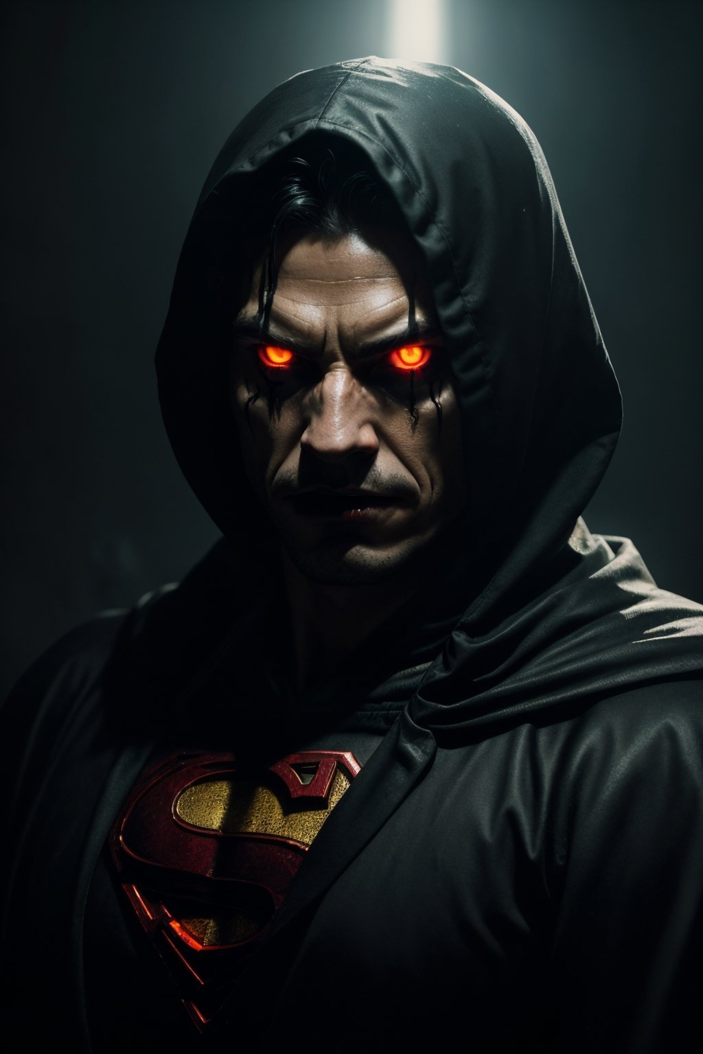 (best quality,4k,8k,highres,masterpiece:1.2),ultra-detailed,(realistic,photorealistic,photo-realistic:1.37),superman as predator,scary,spooky,close-up,portraits,dark ambient lighting,detailed textures,eerie atmosphere,sharp focus,menacing presence,glowing red eyes,ominous expression,ripped muscles,floating menacingly,disappearing cape,gloomy background,high contrast,color grading:dark and desaturated,moody shadows,ominous aura,strong jawline,mystical energy tendrils,foreboding,low-key lighting,dark cape billowing,unearthly power,ethereal glow,haunting presence,menacing smile,hovering in mid-air,cold,calculating,fear-inducing,body armor with spikes,sharp teeth,barely visible in darkness,expressive facial features,demonic appearance