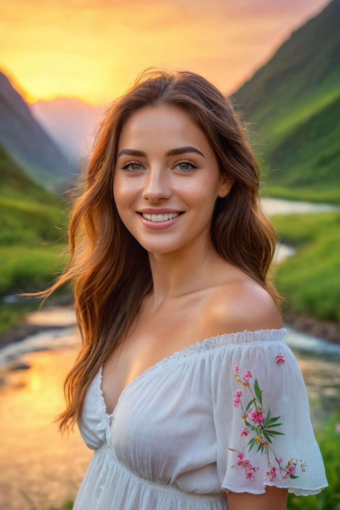 (best quality,8k,highres,masterpiece:1.2),photorealistic,ultra-detailed,vibrant photography of a woman in nature, cute smile,dramatic lighting,finely detailed beautiful eyes,fine detailed skin,Natural scenery,majestic landscape,colorful flowers,distant mountains,flowing rivers,melting sunset,serene atmosphere,dazzling sunlight,blissful vibes,freckled face,luscious greenery,soft breeze,ethereal beauty