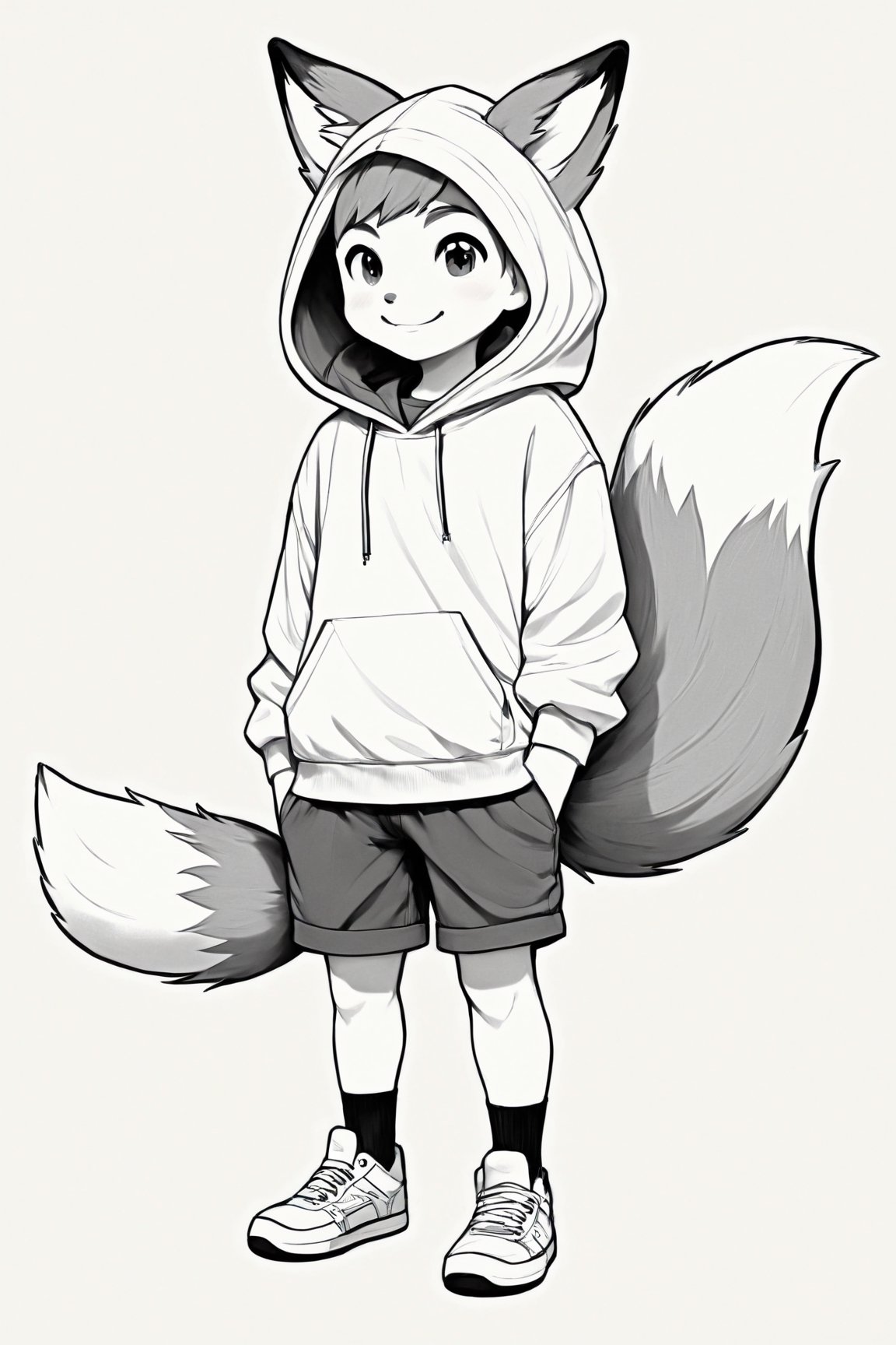 Manga style illustration, line art, pencil art, solo,looking at viewer,blush,smile,short hair,simple background,long sleeves,1boy,white background,animal ears,tail,monochrome,full body,male focus,shoes,shorts,hood,animal ear fluff,sleeves past wrists,fox ears,hoodie,:3,fox tail,sneakers,fox boy