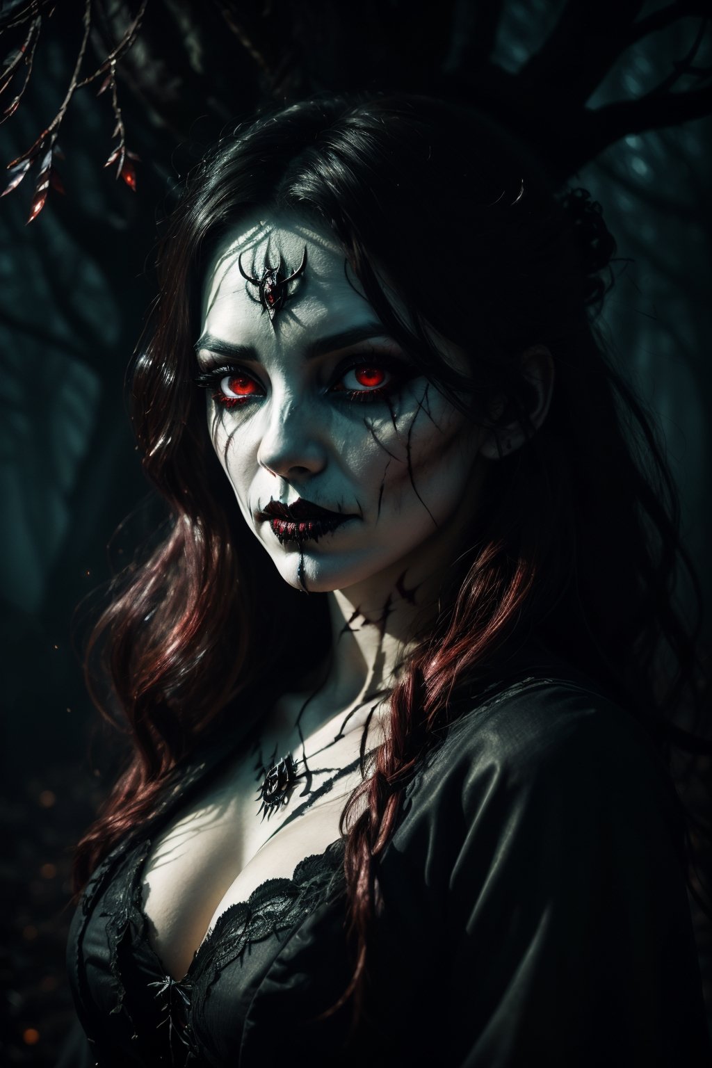 (best quality,4k,8k,highres,masterpiece:1.2),ultra-detailed,(realistic,photorealistic,photo-realistic:1.37),halloween, blood witcher, fair, hell, skeleton, vampire, demon, blood demon, spooky, creepy, fancy costume, dangers look, close-up, portrait, dark forest, misty atmosphere, glowing eyes, pale skin, smoke effects, moonlight, eerie shadows, sinister grin, gothic elements, haunting presence, mystical aura, enchanting beauty, macabre elegance, otherworldly charm, hair flowing in the wind, intense stare, blood-red lips, ethereal lighting, mysterious background, ominous fog, witchcraft symbols, supernatural powers, hauntingly beautiful, chilling vibes, menacing atmosphere, twisted branches, tangled vines, eerie silence, bone-chilling expression, ghostly appearance, piercing gaze, hauntingly pale complexion, secret incantations, unearthly presence, mystical transformations, spectral energy, supernatural allure, blood-stained garments, hair standing on end, spine-tingling sensation, sinister enchantress, midnight rituals
