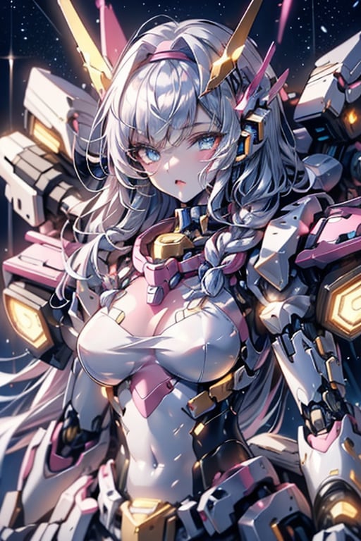 robot girl,queen,twin_braids,silver hair,cute face,science_fiction,fighting_stance,bright_eyes,eyeball,bright stars,beautiful detailed starry sky,starry sky,shine,medium_breasts,intense shadows,beautiful detailed glow,cinematic lighting,best shadow,depth of field,detailed light,light_leaks,kawaiitech,mecha musume,mecha