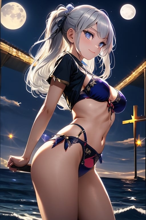 Cute girl, 1girl, medium breasts, white hair, cross-stitch, twin ponytails, sexy lingerie, suspender bikini, side-tie bikini bottom, night, moon, ocean, stars, beautiful and detailed brilliance, beautiful and detailed starry sky, bright stars, Beautiful delicate water, sparkle, detailed light, best shadow, buttocks, sexy pose, sexy gesture, dancing, dancer, long eyelashes, behind arms, gaze, glowing eyes, wide eyes, seductive smile