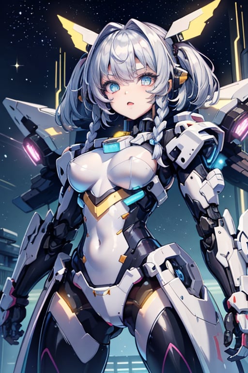 robot girl,queen,twin_braids,silver hair,cute face,science_fiction,fighting_stance,bright_eyes,eyeball,bright stars,beautiful detailed starry sky,starry sky,shine,medium_breasts,intense shadows,beautiful detailed glow,cinematic lighting,best shadow,depth of field,detailed light,light_leaks,kawaiitech,mecha musume,mecha