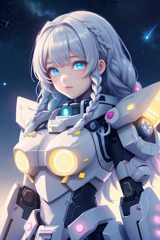 robot girl,queen,twin_braids,silver hair,cute face,science_fiction,fighting_stance,bright_eyes,eyeball,bright stars,beautiful detailed starry sky,starry sky,shine,medium_breasts,intense shadows,beautiful detailed glow,cinematic lighting,best shadow,depth of field,detailed light,light_leaks,kawaiitech,mecha musume,mechaHuge gloves, exaggeratedly big gloves