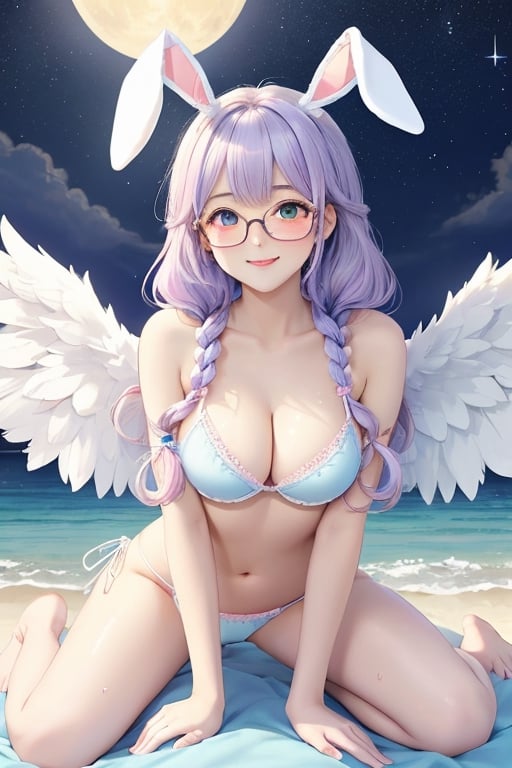 white wings ,feathers,naked,no clothes,shirt lift, skirt lift, bare legs, no legwear, leg tattoo, sling bikini, transparent underwear, victorian, lowleg_panties/low_leg_panties, large breasts, bikini, absurdly long hair, light blue hair, straddle, white hair, streaked hair, wet hair, ahoge, twin braids, straddling, twin_braids, heterochromia , moon, bunny_ears, seductive smile, blush, embarrassed , underwear, panties, bra , halo, girl, stars, night, masterpiece, best quality, angel, comic,girl, medium hair, purple hair, drill hair, blush, excited, bunny_ears, medium breasts,  bikini under clothes, armlet, glasses, bent_over, over the sea, sun, masterpiece, best quality, 