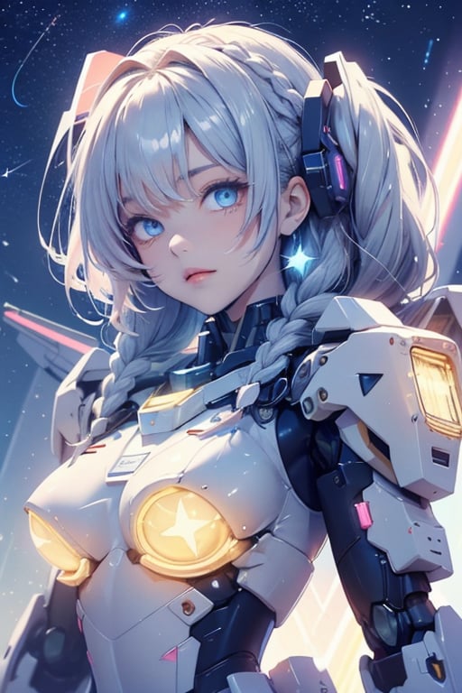 robot girl,queen,twin_braids,silver hair,cute face,science_fiction,fighting_stance,bright_eyes,eyeball,bright stars,beautiful detailed starry sky,starry sky,shine,medium_breasts,intense shadows,beautiful detailed glow,cinematic lighting,best shadow,depth of field,detailed light,light_leaks,kawaiitech,mecha musume,mecha