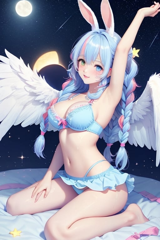 white wings ,feathers,naked,no clothes,shirt lift, skirt lift, bare legs, no legwear, leg tattoo, sling bikini, transparent underwear, victorian, lowleg_panties/low_leg_panties, large breasts, bikini, absurdly long hair, light blue hair, straddle, white hair, streaked hair, wet hair, ahoge, twin braids, straddling, twin_braids, heterochromia , moon, bunny_ears, seductive smile, blush, embarrassed , underwear, panties, bra , halo, girl, stars, night, masterpiece, best quality, angel, comic,bathing, medium breasts, no bra, transparent underwear, no_panties, ojousama, bare_shoulders, japanese_clothes, night, full_moon, stars, pubic tattoo on underbelly, arms up, armpits, obi, masterpiece, best quality, masterpiece,best quality,official art,extremely detailed CG unity 8k wallpaper, bunny_ears, light blue hair, white hair, multicolored hair, streaked hair, alternate hair color, wet hair, hair over eyes, long hair, twin_braids, heterochromia , twin braids, 