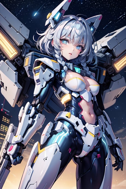 robot girl,queen,twin_braids,silver hair,cute face,science_fiction,fighting_stance,bright_eyes,eyeball,bright stars,beautiful detailed starry sky,starry sky,shine,medium_breasts,intense shadows,beautiful detailed glow,cinematic lighting,best shadow,depth of field,detailed light,light_leaks,kawaiitech,mecha musume,mecha