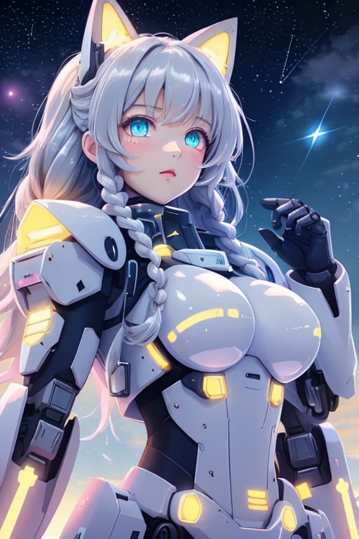 robot girl,queen,twin_braids,silver hair,cute face,science_fiction,fighting_stance,bright_eyes,eyeball,bright stars,beautiful detailed starry sky,starry sky,shine,medium_breasts,intense shadows,beautiful detailed glow,cinematic lighting,best shadow,depth of field,detailed light,light_leaks,kawaiitech,mecha musume,mechaHuge gloves, exaggeratedly big gloves