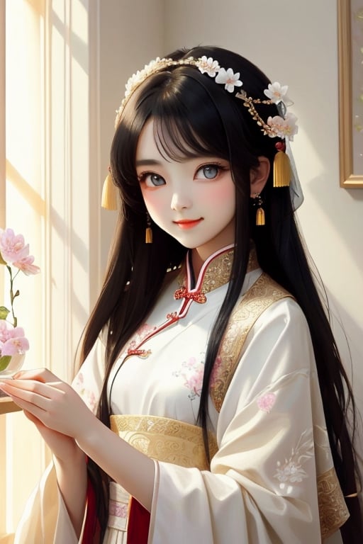 A girl with medium chest, black hair, long hair, gorgeous Chinese style headdress, Chinese style classical clothing, white clothes, beautiful and delicate eyes, big eyes, long eyelashes, looking at you, small cherry mouth, shy expression, smile, Behind the hands, many luminous petals are flying on the left and right, many petals, daytime, sunlight, sunlight shining, delicate light and shadow, classical elegance, master quality, exquisite paintings, ultra-high quality,