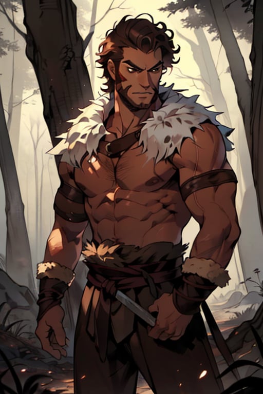  male, (masterpiece), cowboy stance , letho_soul3142, brown eyes,  brown hair , curly hair, barbarian , dark Forrest background , young, shirtless, no shirt, fur, pelt, short hair, young man