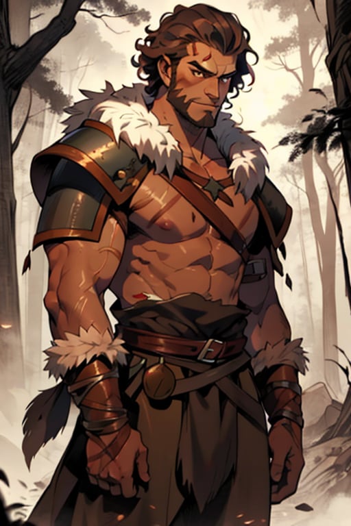  male, (masterpiece), cowboy stance , letho_soul3142, brown eyes,  brown hair , (curly) hair, barbarian , dark Forrest background , young, shirtless, no shirt, fur, pelt, short hair, young man, rusty shoulder armor, topless, war torn, big nose