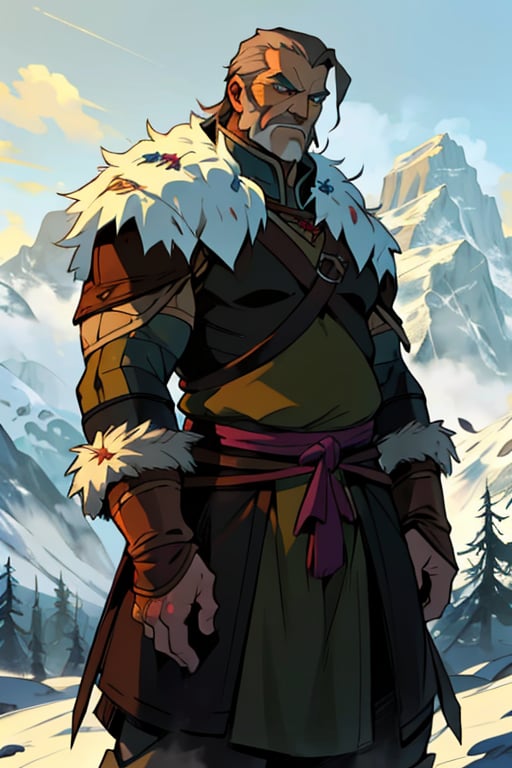 blue eyes, male, (masterpiece), cowboy stance , fur, letho_soul3142, fo,vox machina style, viking, dark brown hair, handsome, older, old man, ,the legend of korra barbarian, fat, leather, in the mountains,  noble, elder, chieftain