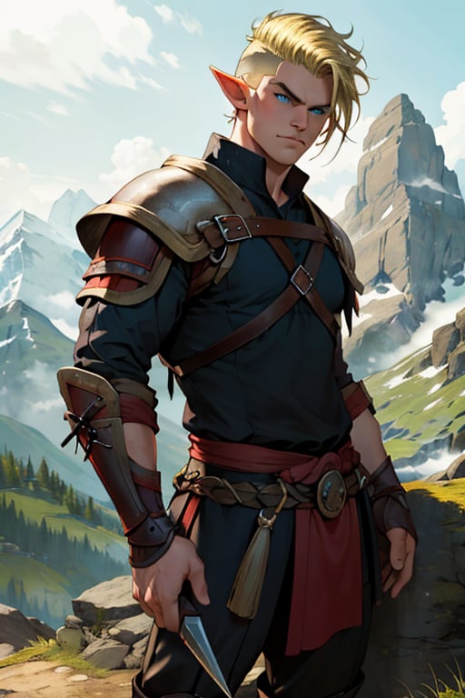 Viking warrior on a mountain, blonde hair blue eyes, male, (masterpiece) , handsome, pointy ears, short hair, undercut, barbarian , cowboy stance, with a sexy lady, gloomy mountain 