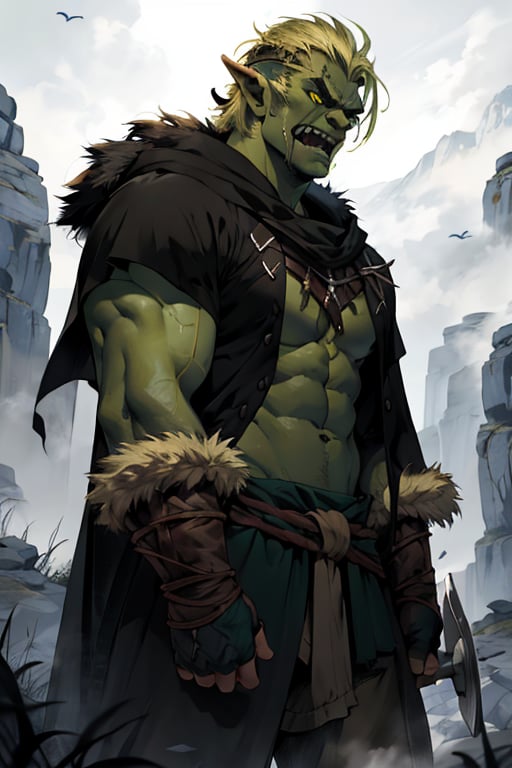 warrior on a mountain, blonde hair blue eyes, male, (masterpiece), pointy ears, short hair, barbarian , cowboy stance, gloomy mountain , war torn, dark forrest, athletic, rage, clean shaven, fur, athletic build, orc, half orc, green skin, different skin color, large teeth, tusk, orc teeth, strong jaw, black cloak 