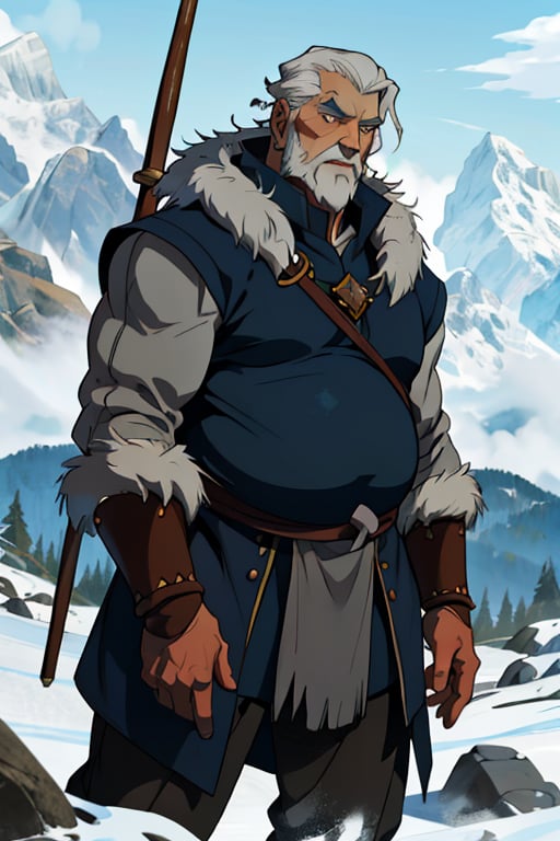 blue eyes, male, (masterpiece), cowboy stance , fur, letho_soul3142, fo,vox machina style, barbarian, greying hair, handsome, older, old man, ,the legend of korra barbarian, fat, leather, in the mountains, holding a wizard staff