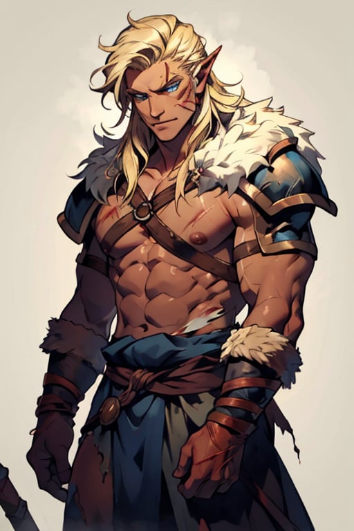  male, (masterpiece), cowboy stance , letho_soul3142, blue eyes,  blond hair , messy hair, barbarian , dark Forrest background , young, shirtless, no shirt, fur, pelt, long hair, young man, rusty shoulder armor, topless, war torn, handsome, war paint on face , pointy ears, abbs, ripped, viking