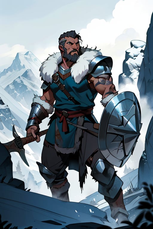 Viking warrior on a mountain, male, (masterpiece) , handsome, short hair, barbarian , armor, cowboy stance, knight, full armor, norse, ancient, fur, athletic, warrior, helmet, ,vox machina style, beard, wartorn, viking shield, hold and axe, tattoos, bear fur, rohan