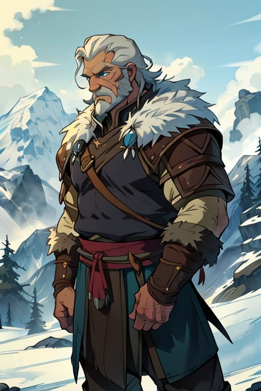 blue eyes, male, (masterpiece), cowboy stance , fur, letho_soul3142, fo,vox machina style, viking, greying hair, handsome, older, old man, ,the legend of korra barbarian, fat, leather, in the mountains,  noble, elder, chieftain