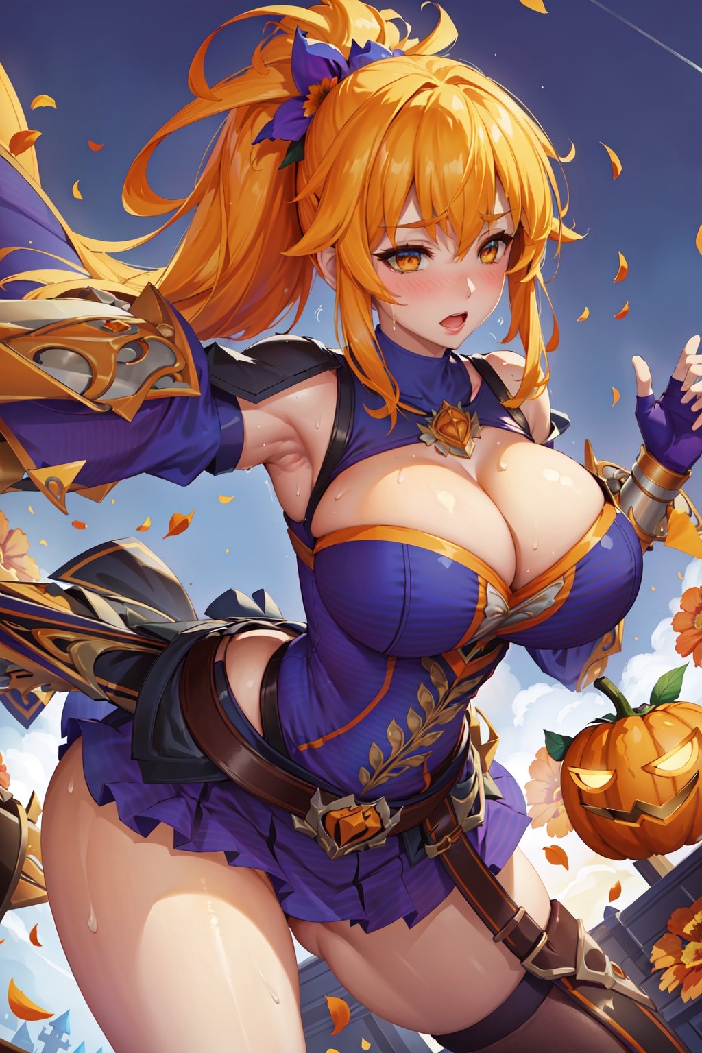 (masterpiece, best quality, high quality, highest quality, highers, absolutely gorgeous),(1 girls),huge breasts, thicc thighs, depth of the field, UHD, ultra detail, fantasy art, (best fingers),((showing armpits)), sweat,((dynamic poses)),((embarrassed)),((petals of flowers floating)),(Halloween background), pumpkin,bats,ponytail, yellow eyes,