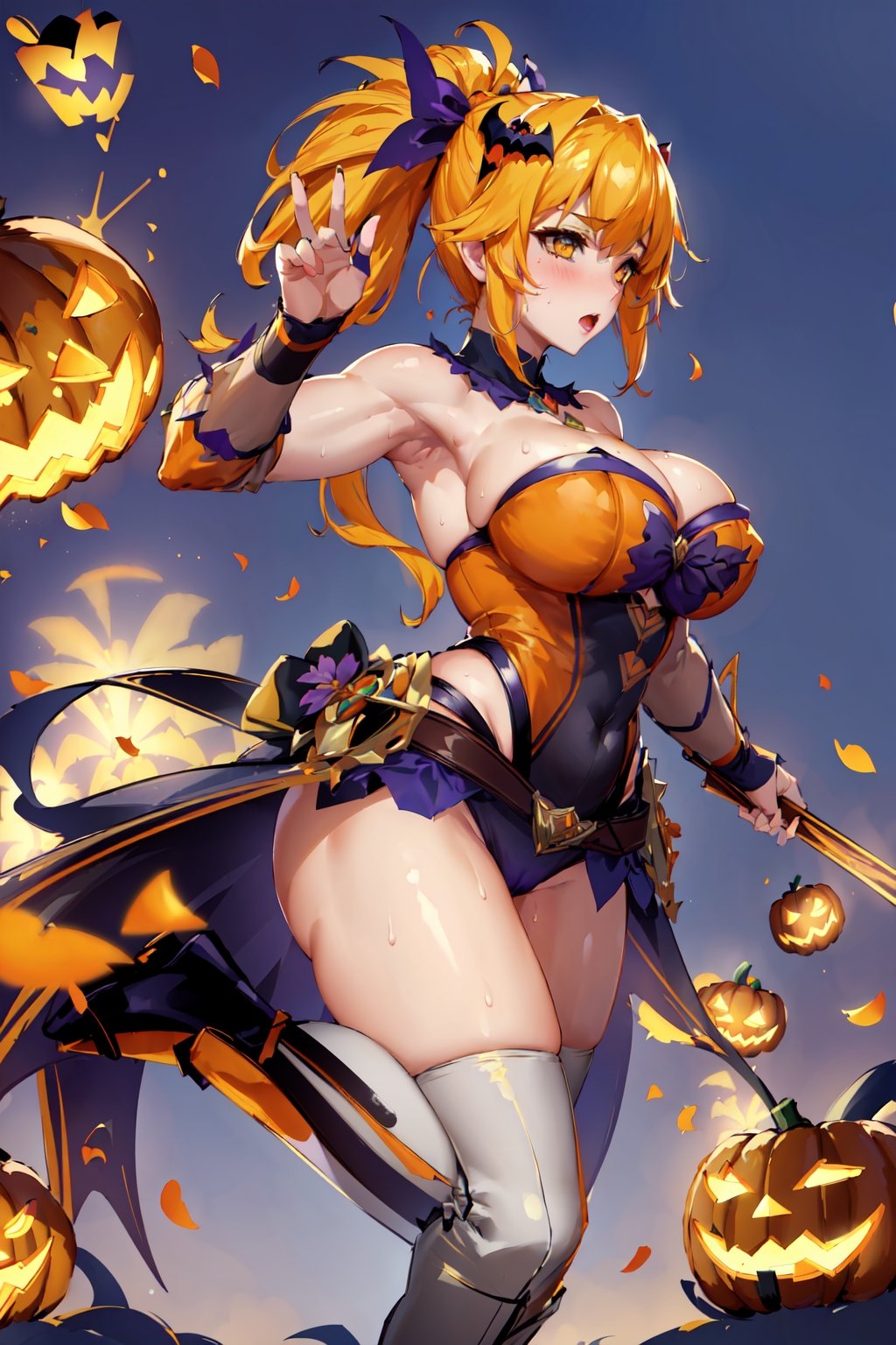 ,((masterpiece, best quality, high quality, highest quality, highers, absolutely gorgeous)),(1 girls),huge breasts, thicc thighs, depth of the field, UHD, ultra detail, fantasy art, (best fingers),((showing armpits)), sweat,((dynamic poses)),((embarrassed)),((petals of flowers floating)),(((Halloween background))), pumpkin,bats,ponytail, yellow eyes,