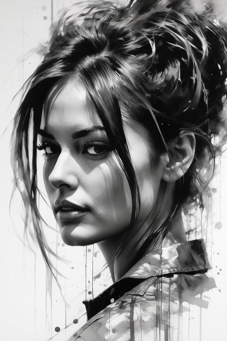 a drawing of a woman with her hair in the air it is black and white, in the style of mark lague, hyper-realistic portraits, sam spratt, brent heighton, captivating gaze, cyclorama, crisp and clean ,dripping paint