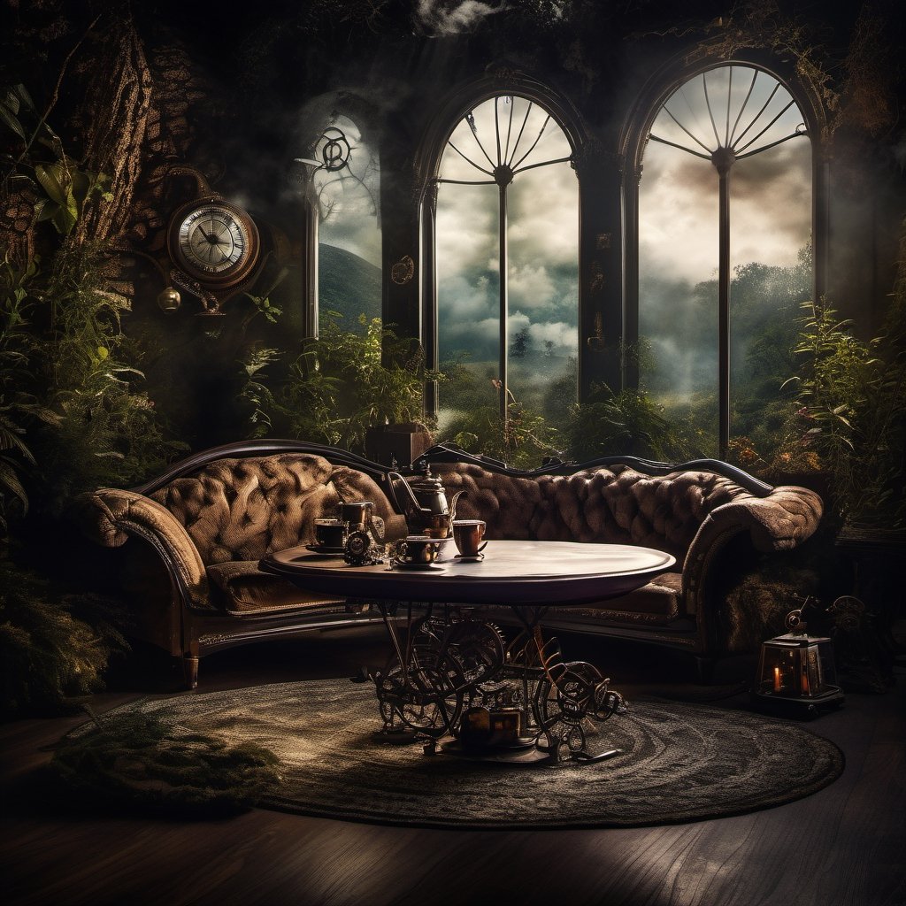 Dark room, steampunk, nature, intricate detail background, ultra quality, live light, sofa, table with tea, mystic, intricate foreground, wild nature, 
