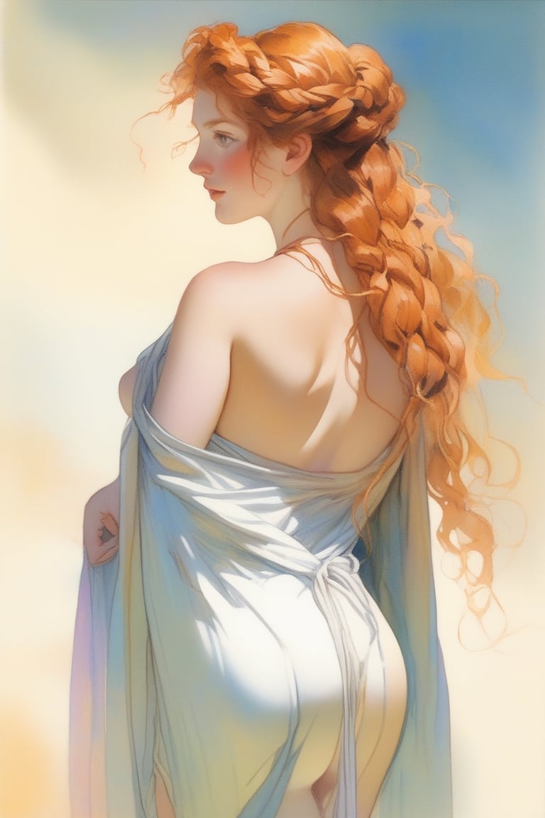 sketch ,gouache, (1girl) princess of Ancient Greece, luxury dressing gown, medium breast, half body shot, looking back, Shoal, Iridescent gradient background, ginger hair, wavy hair, braids, Paul Chabas, (masterpiece,best quality,niji style)
 Undressed, front view, with large and voluptuous breasts, sexy and provocative
 Undressed, front view, with large and voluptuous breasts, sexy and provocative