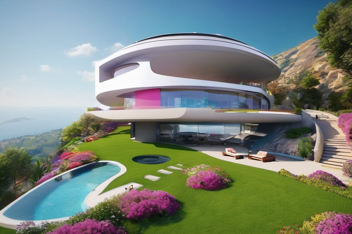 Futuristic house, high tech, pool, path, hill, garden,

colorful,  ultra highly detailed,  32 k,  