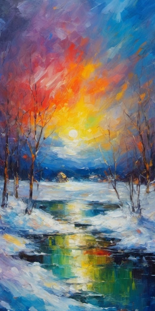 oil_paint, night, rainbow sky, winter, ice