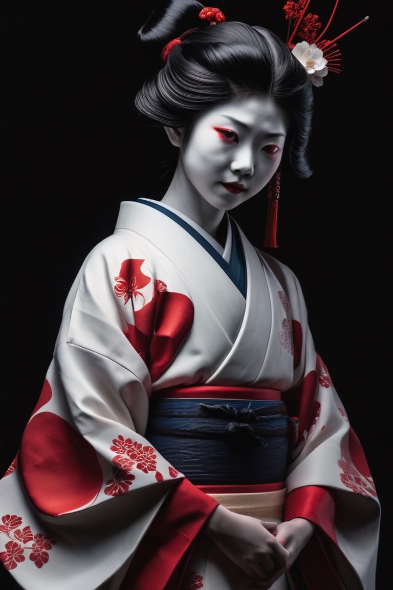 Captured in monochromatic tones of inky darkness, a haunting Japanese girl clad in traditional attire emerges from swirling shadows, her porcelain features contorted with an uncanny smile, radiating an eerie calmness as crimson eyes glow ominously.