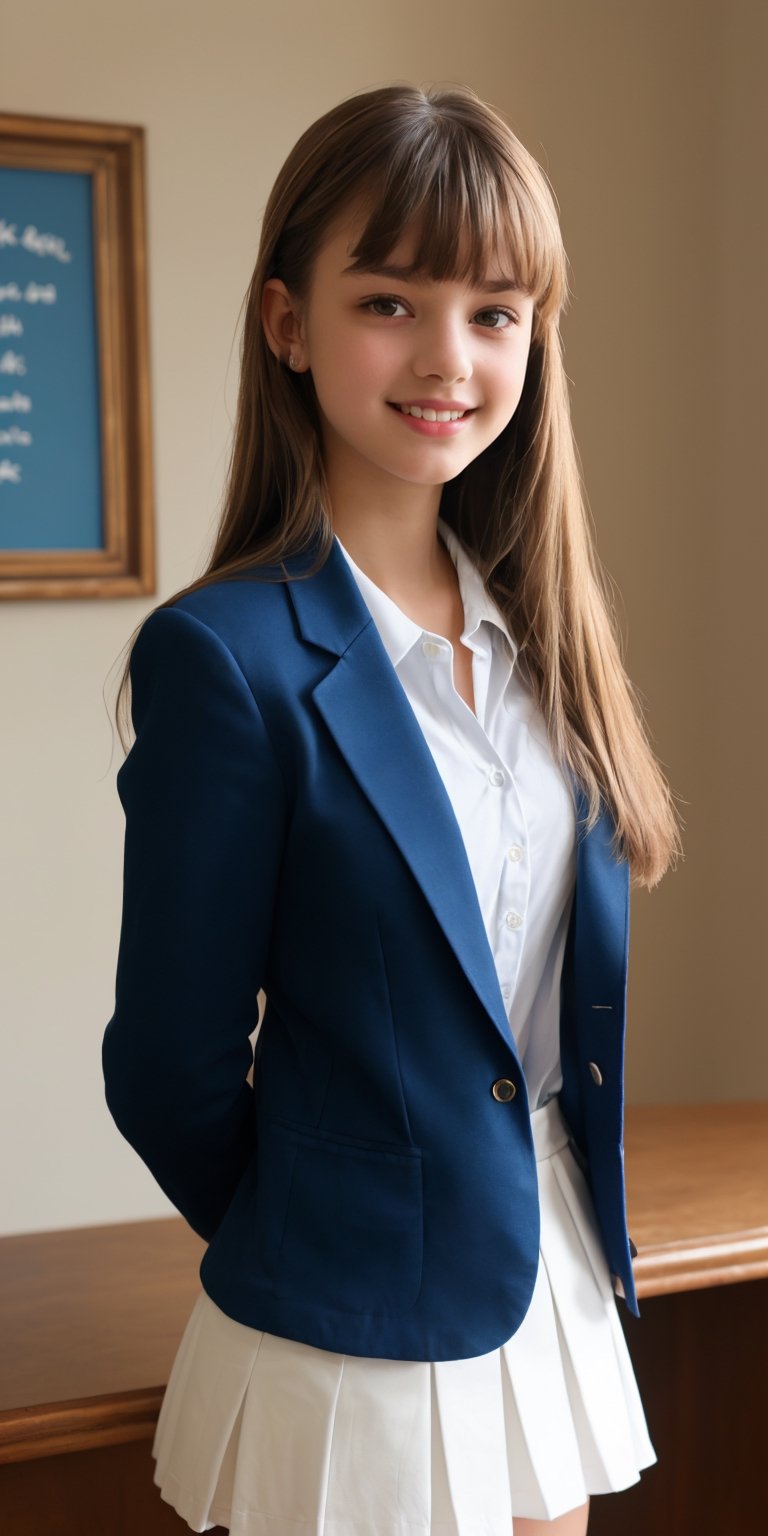 (masterpiece, best quality, high quality, perfect light, bright light)(1girl, solo, 17 years old school girl, British girl, smile, focus, half_body, bangs, straight hair, long hair, blonde hair,  school uniform, dark blue blazer, white shirt, dark blue skirt, looking at viewer, standing, no  background, better_hands,